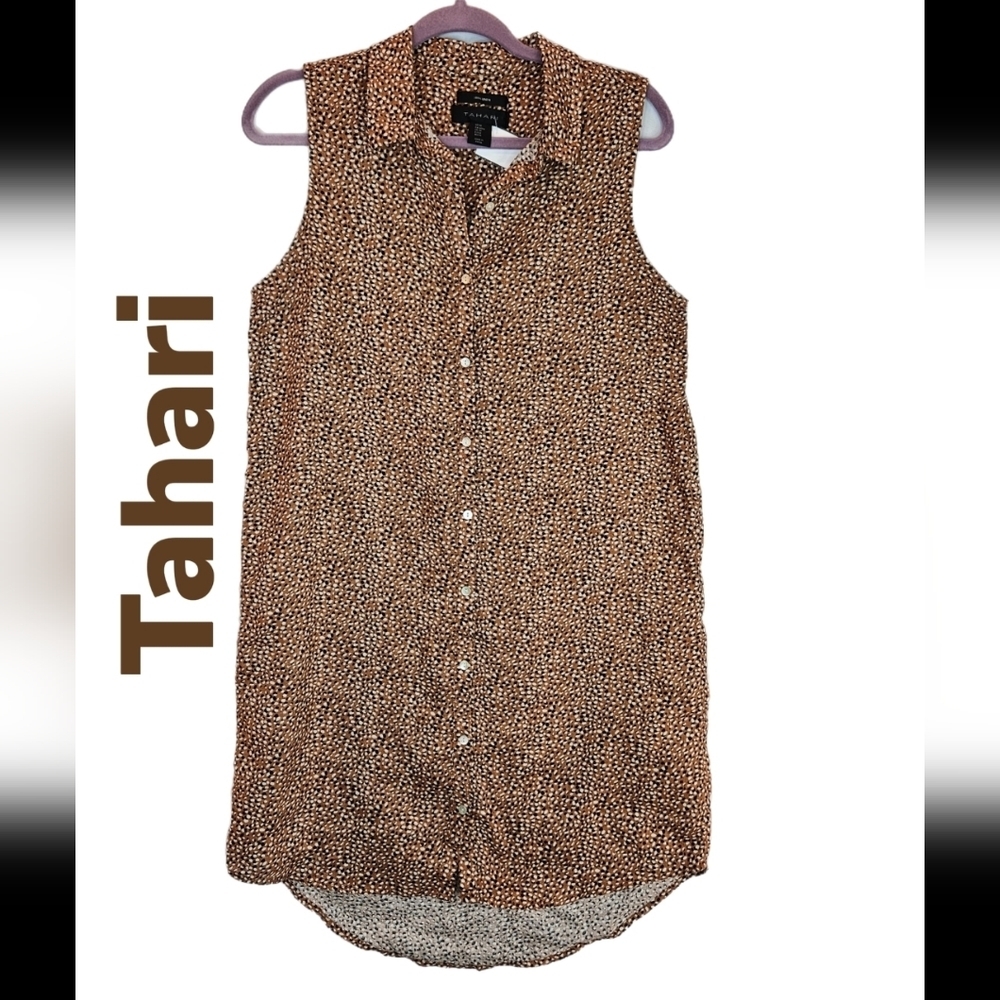 Tahari White Black Brown Print 100% Linen Buttondown Shirt Dress Sz M